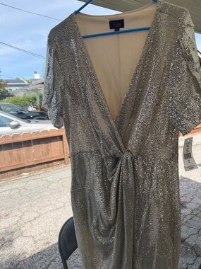 M.STUDIO Silver Sequin Wrap Dress with Twist Front